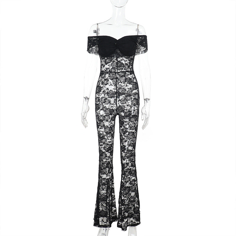 Damen Eleganter Spitzen-Jumpsuit mit schulterfreiem Design R&B