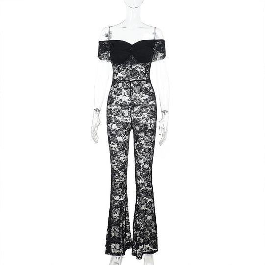 Damen Eleganter Spitzen-Jumpsuit mit schulterfreiem Design R&B