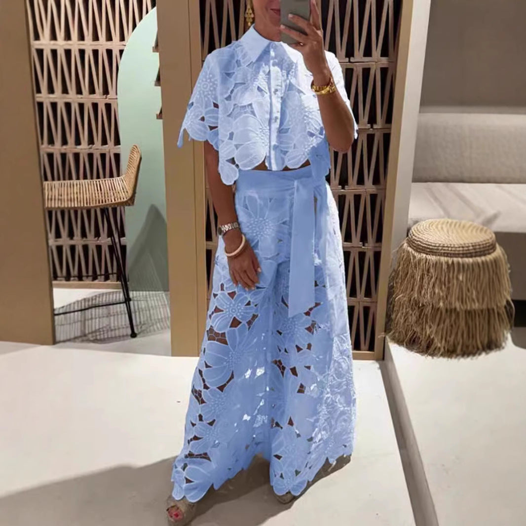Damen Set aus floraler Spitzenbluse und weitem Rock R&B