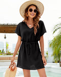 Damen Freizeit V-Ausschnitt Kordelzug Mini Kleid R&B