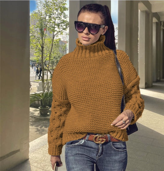 Damen Grobstrickpullover mit hohem Kragen und strukturiertem Armdesign R&B
