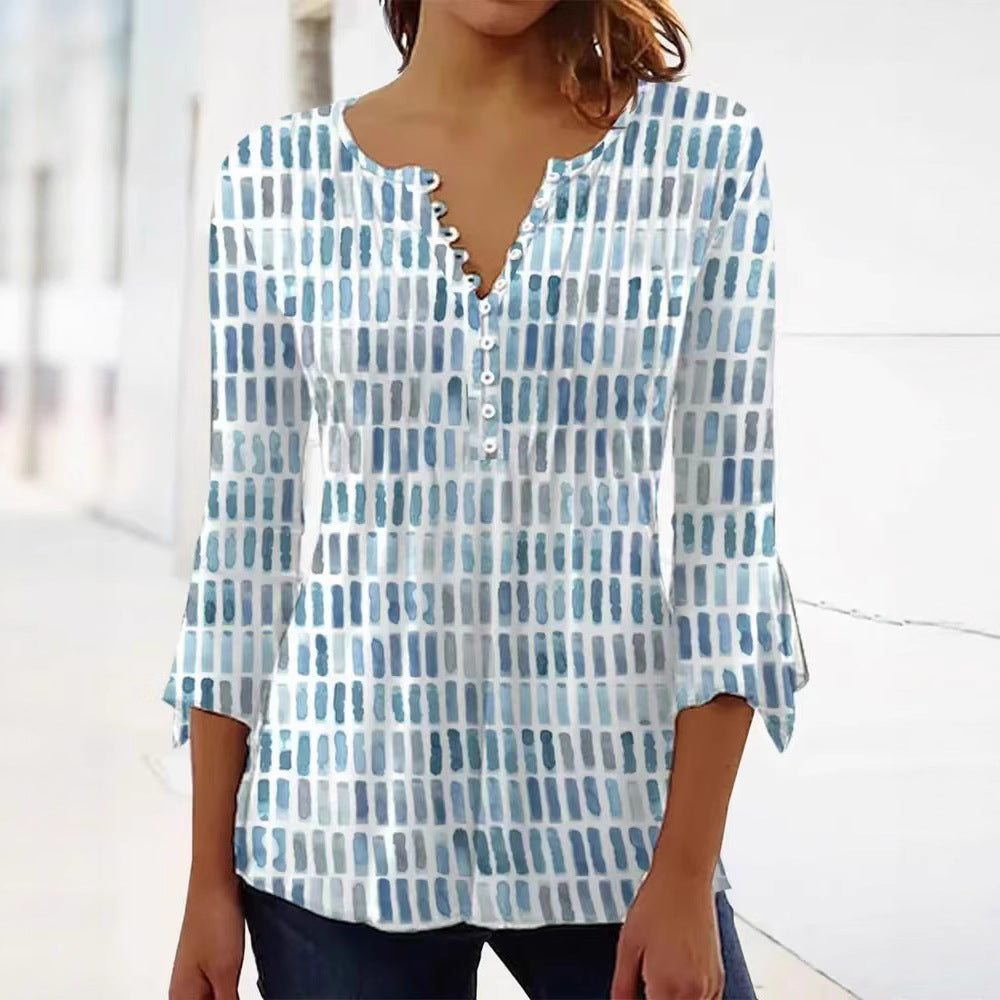 Damen nan luftig leichtes Aquarell-Print Blusenshirt mit Henley-Knopfleiste und dreiviertel Glockenärmeln R&B