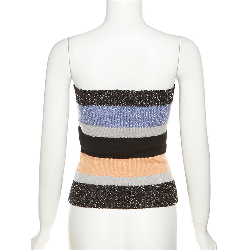 Damen Bandeau-Top mit bunten Streifen und dekorativen Knöpfen R&B