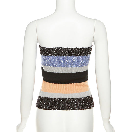 Damen Bandeau-Top mit bunten Streifen und dekorativen Knöpfen R&B