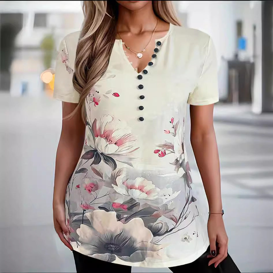 Damen lässiges Kurzarmshirt mit kreativen Farbverlauf und praktischen Knöpfen R&B