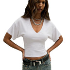 Damen lässiges Cropped T-Shirt mit V-Ausschnitt und oversized Ärmeln R&B