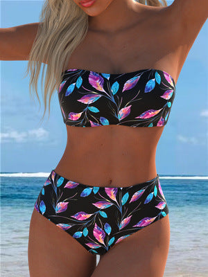 Damen Bandeau-Bikini mit hohem Taillenschnitt und kontrastierendem Blumendesign R&B