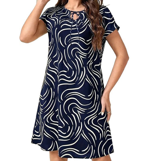 Damen gemütliches Freizeitkleid mit modernem Wellenmuster und Schlüssel-Ausschnitt R&B