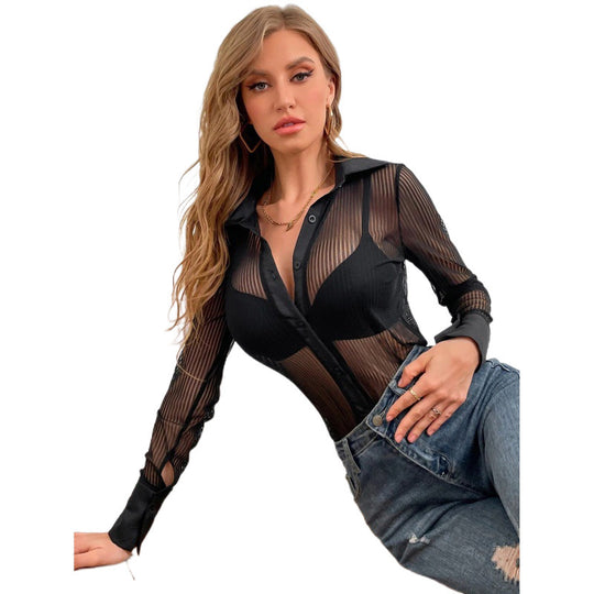 Damen durchsichtige paneelierte Bluse mit Knopfleiste R&B