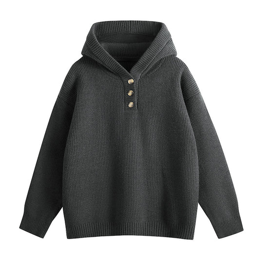 Damen Hochwertiger Strickpullover mit Stehkragen und Knopfdetails R&B