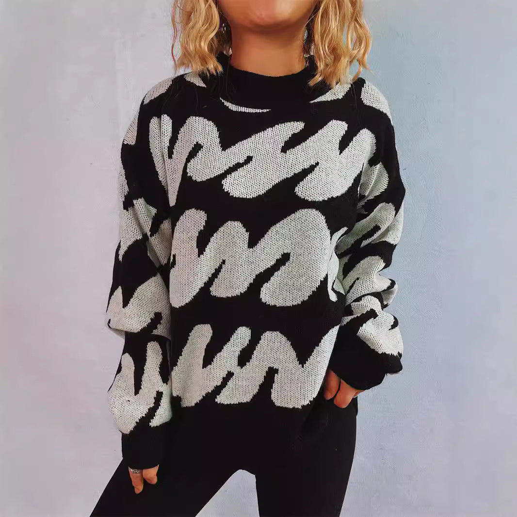 Damen lässiger Pullover mit modernem Farbblockdesign und voluminösen Ärmeln R&B