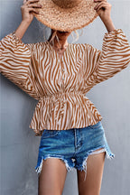 Damen Oversize Bluse mit ZR&Bra-Print und taillierter Raffung R&B