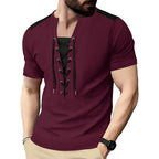 Herren Kurzarm-Henley-T-Shirt mit dekorativen Schnürdetails und atmungsaktiver Struktur R&B