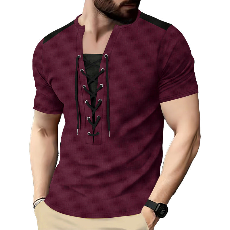 Herren Kurzarm-Henley-T-Shirt mit dekorativen Schnürdetails und atmungsaktiver Struktur R&B