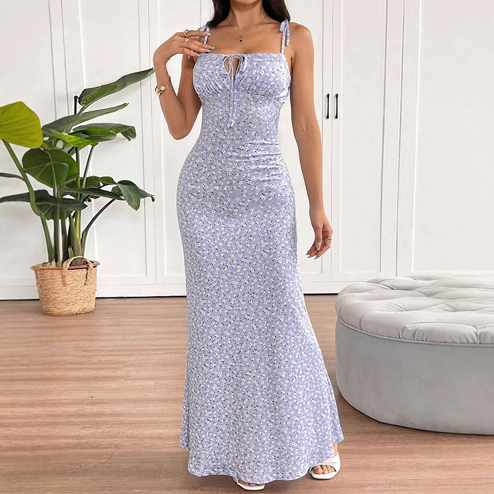 Damen luftiges Maxikleid mit verstellbaren Spaghettiträgern und süßem Blumendruck R&B