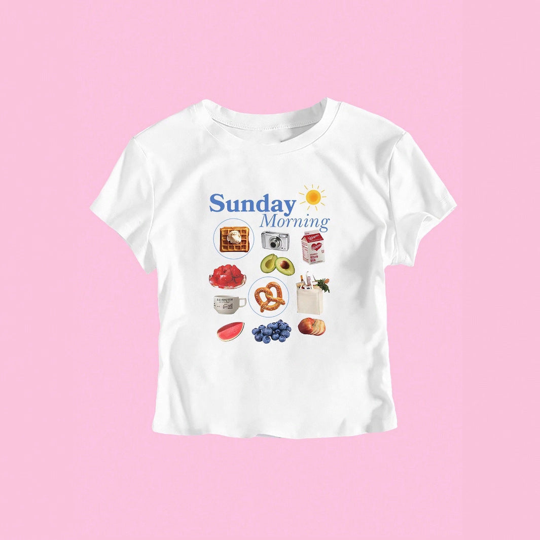 Damen T-Shirt mit kreativem Frühstücksmotiv und modernem Schriftzug R&B