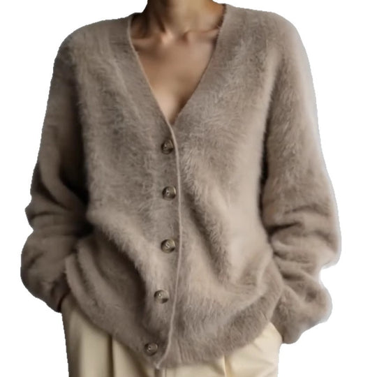 Damen Flauschiger Cardigan mit eleganten Knöpfen und weiter Passform R&B