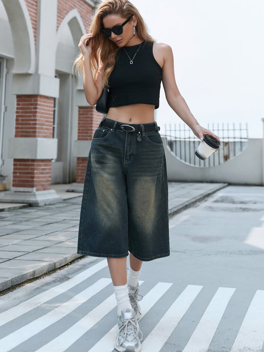 Damen Weite Denim-Culottes mit hohem Bund und praktischen Seitentaschen R&B