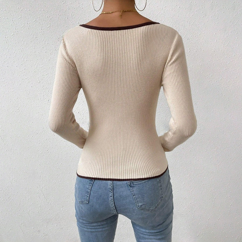 Damen Langarm-Bodysuit mit V-Ausschnitt und Kontrastdetails R&B