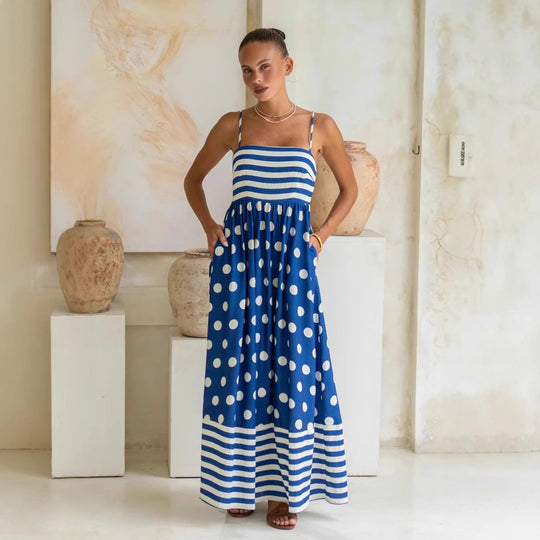 Damen Maxikleid mit gerafftem Oberteil und verspieltem Punkt- und Streifenmuster R&B