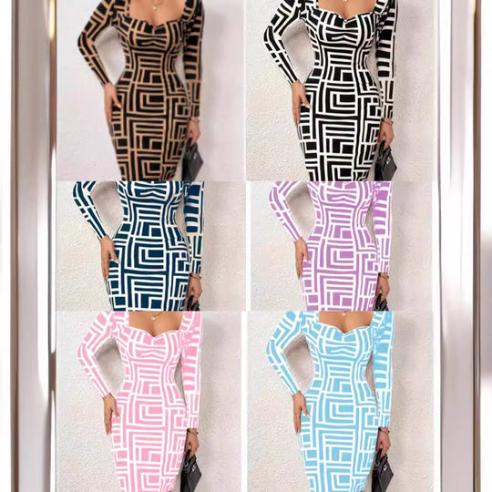 Damen Figurbetontes Langarmkleid mit geometrischem Muster und kreativem Ausschnitt R&B