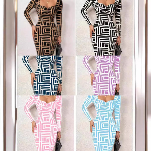 Damen Figurbetontes Langarmkleid mit geometrischem Muster und kreativem Ausschnitt R&B