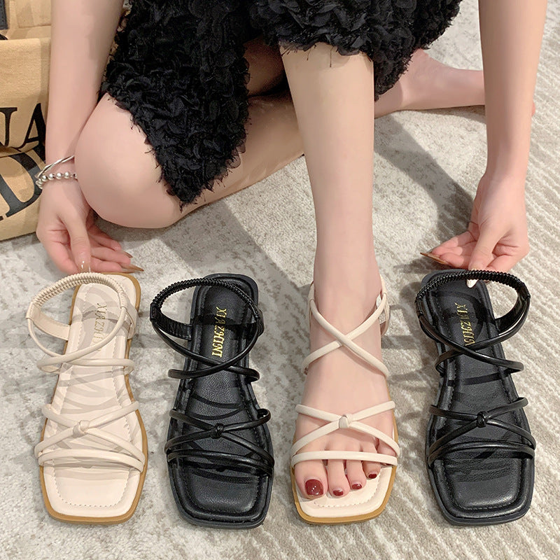 Damen elegante Riemensandalen mit gekreuztem Schnürdesign EB