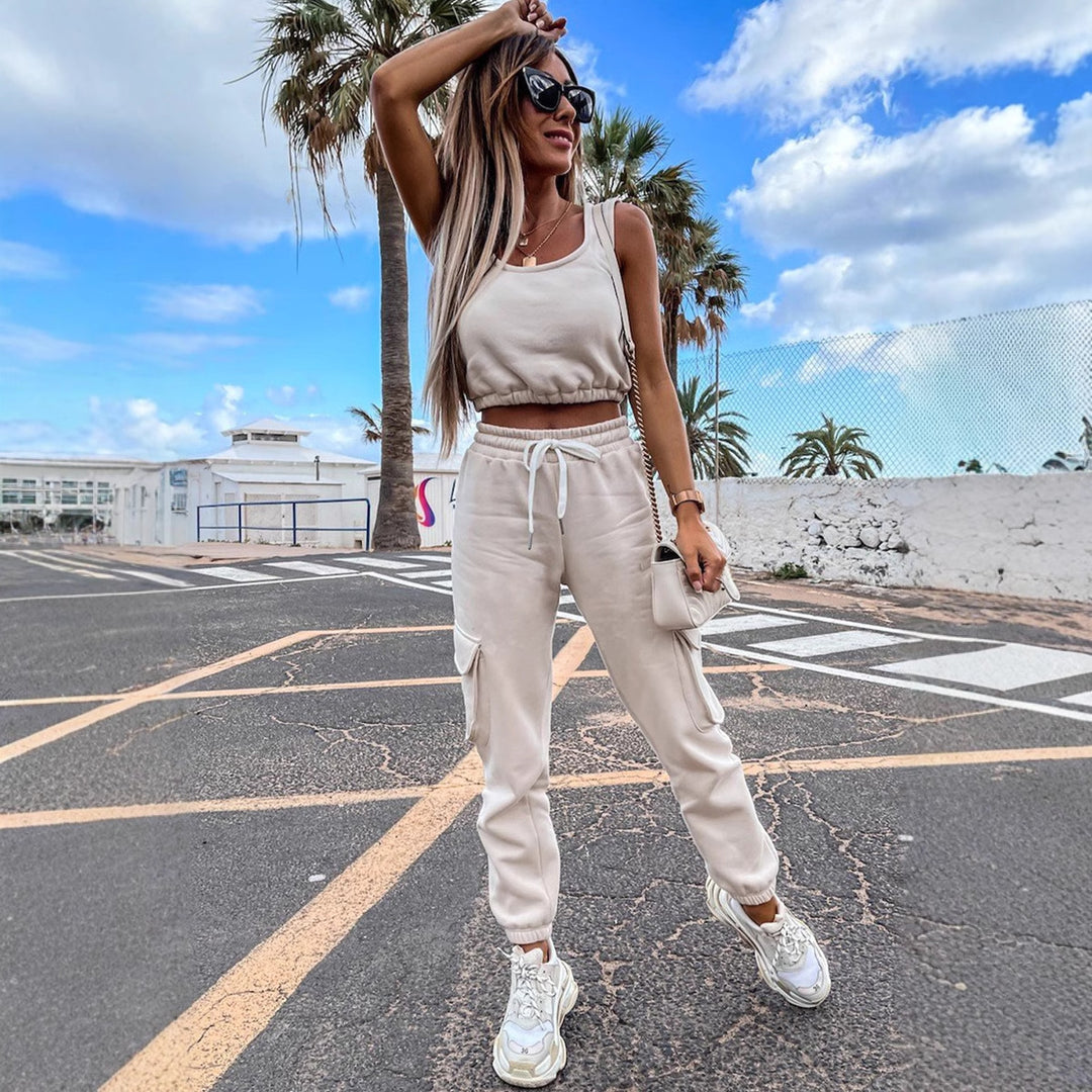 Damen lässiges Crop-Top und Jogginghose-Set mit verstellbarem Kordelzug R&B