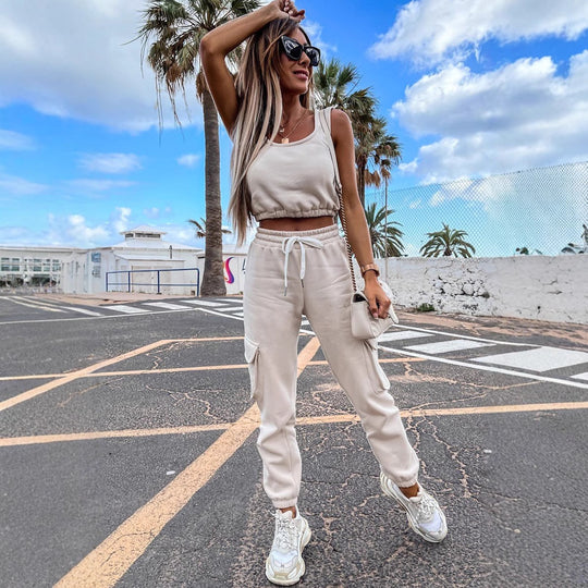Damen lässiges Crop-Top und Jogginghose-Set mit verstellbarem Kordelzug R&B