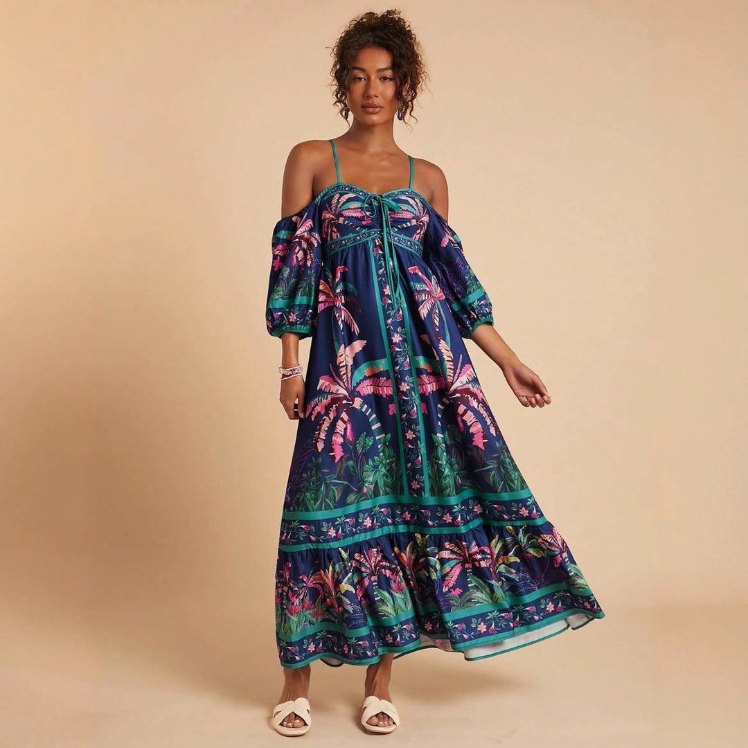 Damen Maxikleid mit schulterfreiem Design und tropischem Druck R&B