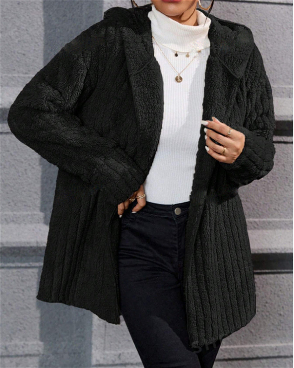 Damen lässige Fleecejacke mit strukturiertem Design und Kapuze R&B