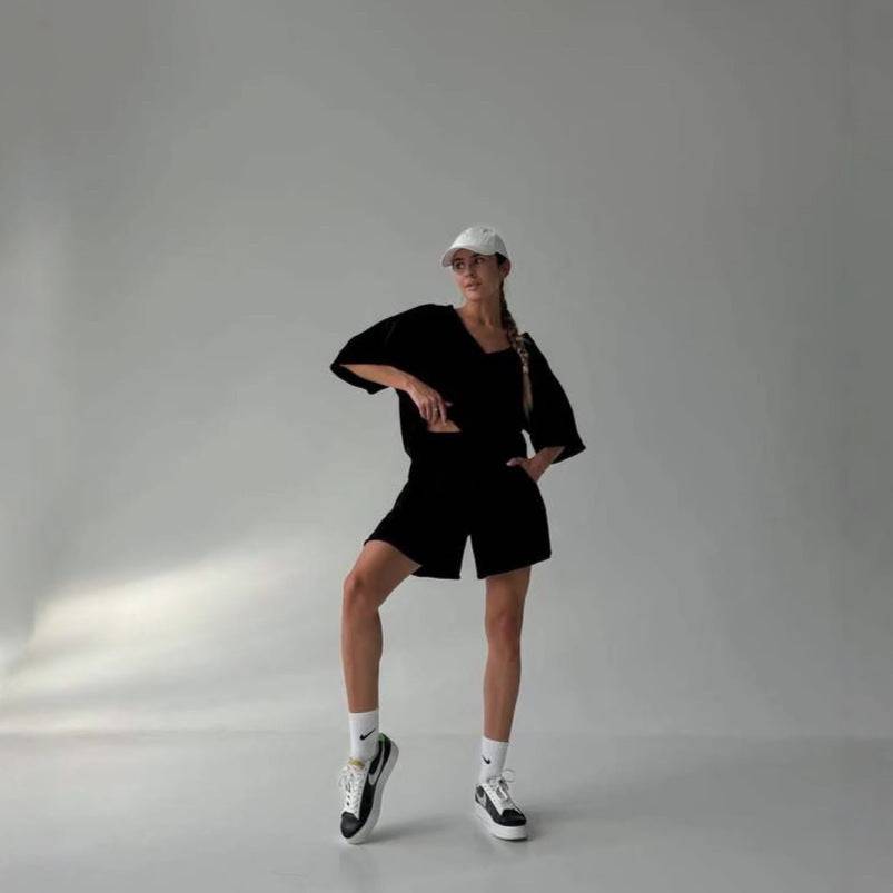 Damen lässiges Lounge-Set mit oversized Oberteil und Shorts R&B