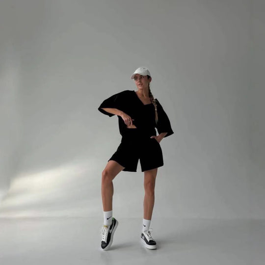 Damen lässiges Lounge-Set mit oversized Oberteil und Shorts R&B