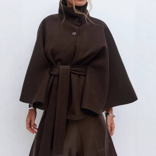 Damen Überwurfjacke mit hohem Kragen und taillierter Bindegürtel R&B
