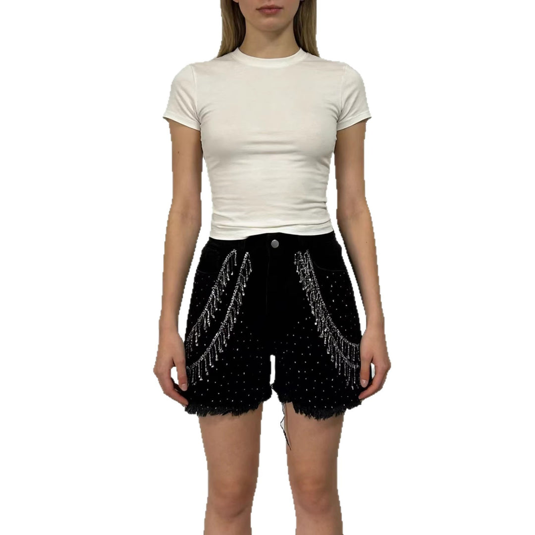 Damen Designer Denim-Shorts mit trendigen Kettenverzierungen R&B