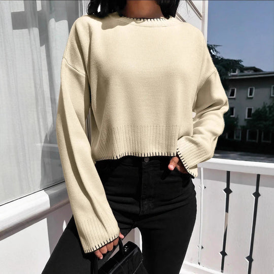 Damen lässiger Strickpullover mit kontrastierenden Nähten und cropped Schnitt R&B