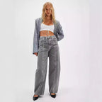 Damen Weite Denim-Hose mit hohem Bund und dekorativem Kordelzug R&B