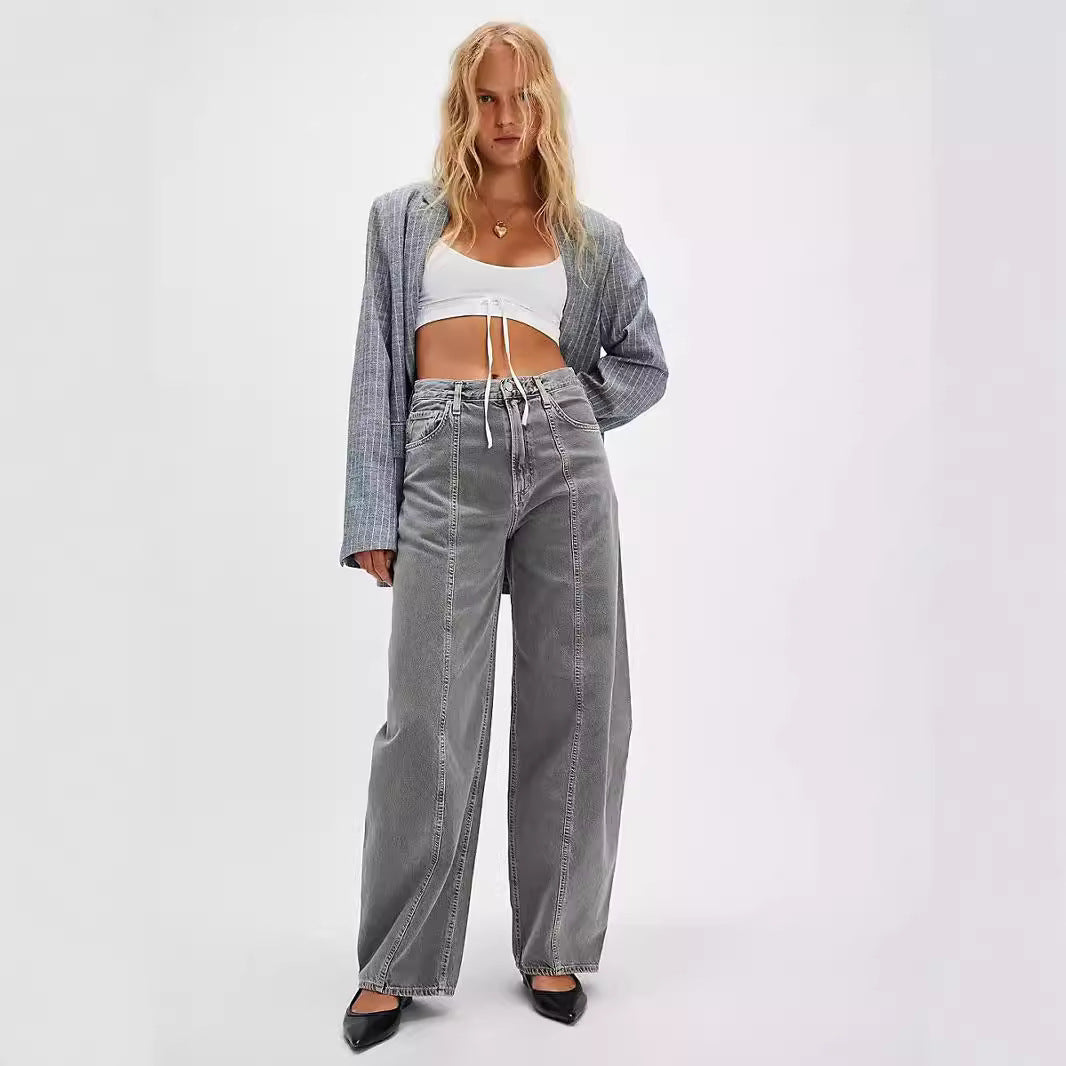 Damen Weite Denim-Hose mit hohem Bund und dekorativem Kordelzug R&B