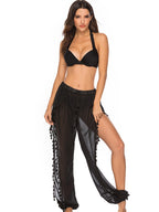 Damen luftige Strandhose mit verspieltem Fransenbesatz R&B