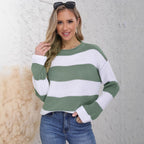 Damen lässiger Strickpullover mit breiten Streifen und lockerer Passform R&B