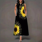 Damen Maxikleid mit buntem Sonnenblumenmotiv und praktischen Taschen R&B
