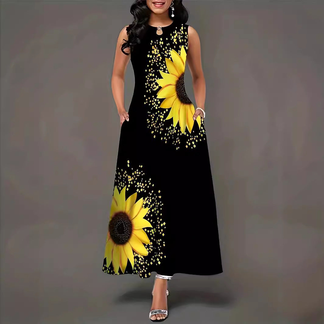 Damen Maxikleid mit buntem Sonnenblumenmotiv und praktischen Taschen R&B