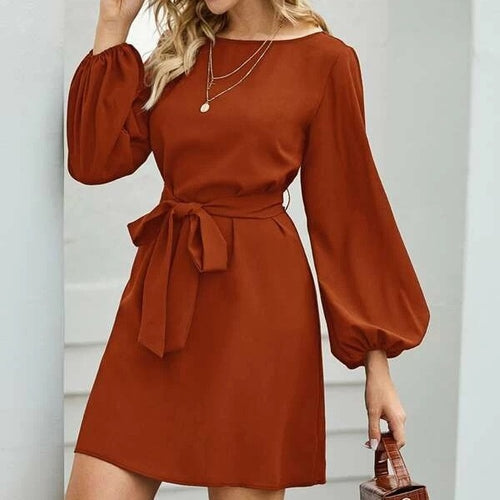 Damen Elegantes Kleid mit Ballonärmeln und Taillengürtel R&B