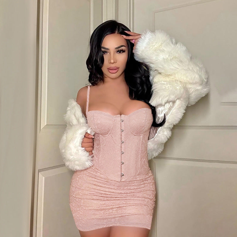 Damen minimalistisches Korsettkleid mit eleganter Knopfleiste und Spitzenakzenten R&B