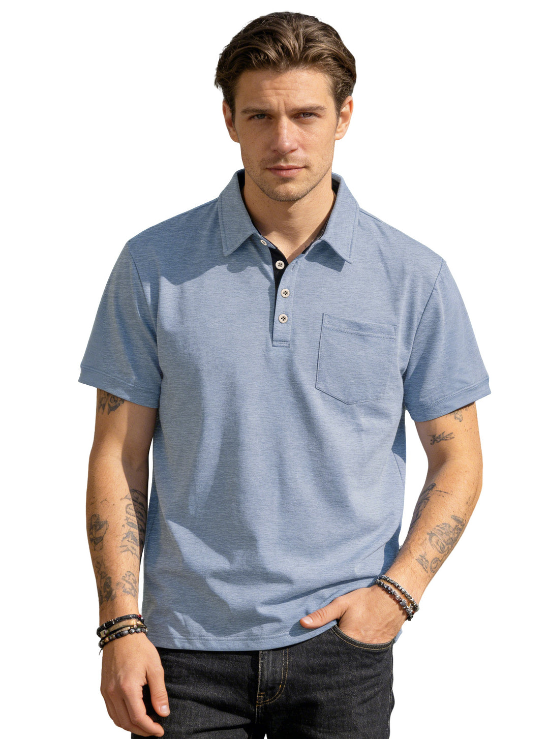 Herren nan Kurzarm-Polokragen-Shirt aus texturiertem Jersey mit Brusttasche und kontrastierter Knopfleiste R&B