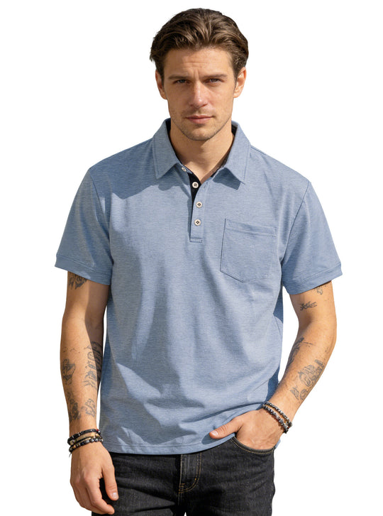 Herren nan Kurzarm-Polokragen-Shirt aus texturiertem Jersey mit Brusttasche und kontrastierter Knopfleiste R&B