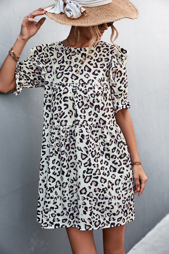 Damen Freizeitkleid mit verspieltem Leopardenmuster und Rüschendetails R&B