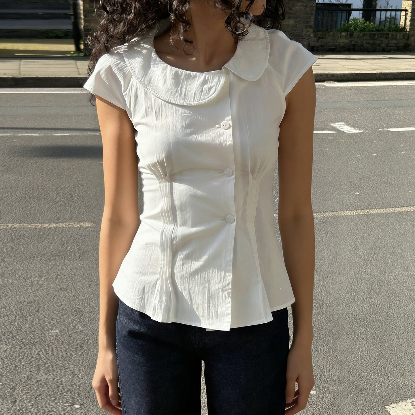Damen klassisches Kurzarmblusenshirt mit modischem Kragen R&B