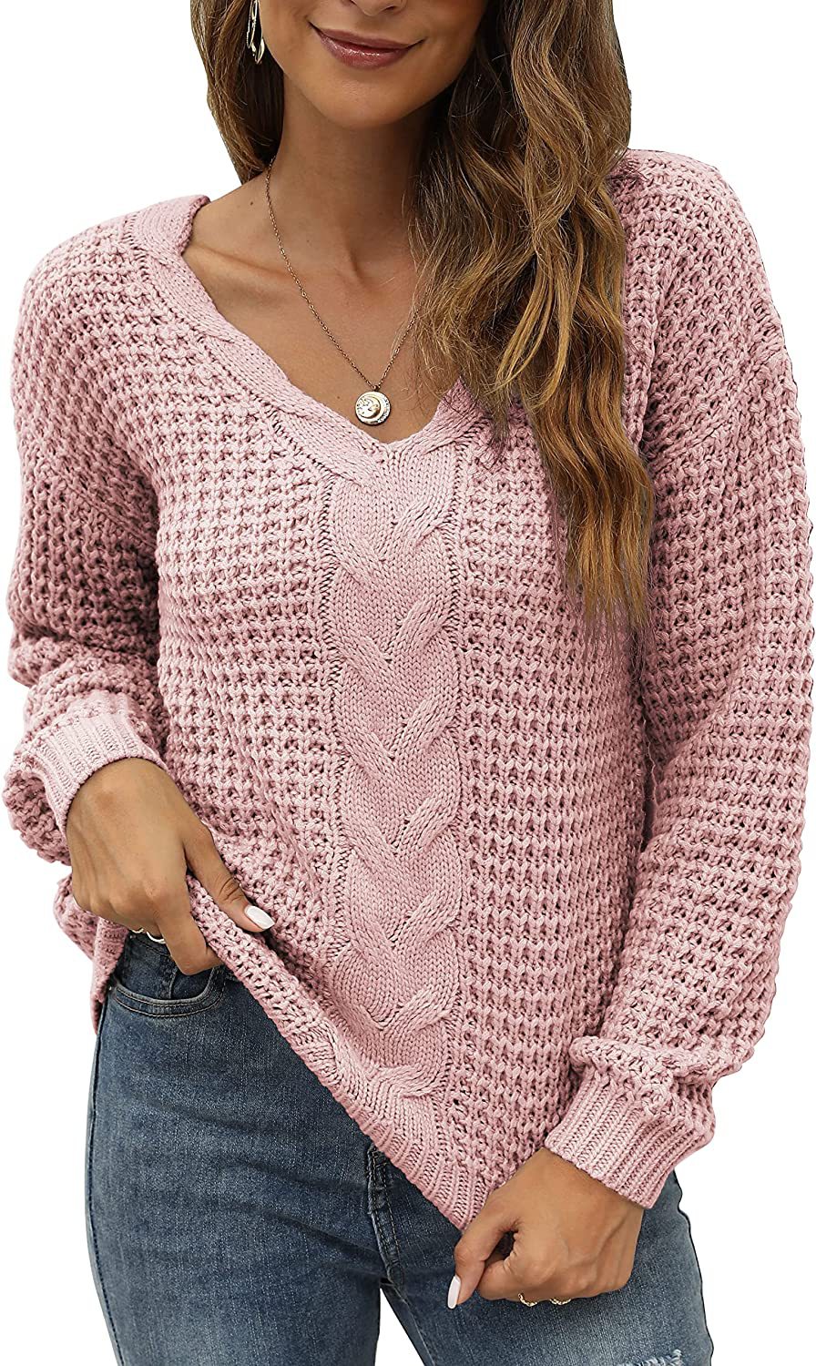 Damen lässiger Strickpullover mit tiefem V-Ausschnitt und detailliertem Zopfmuster R&B