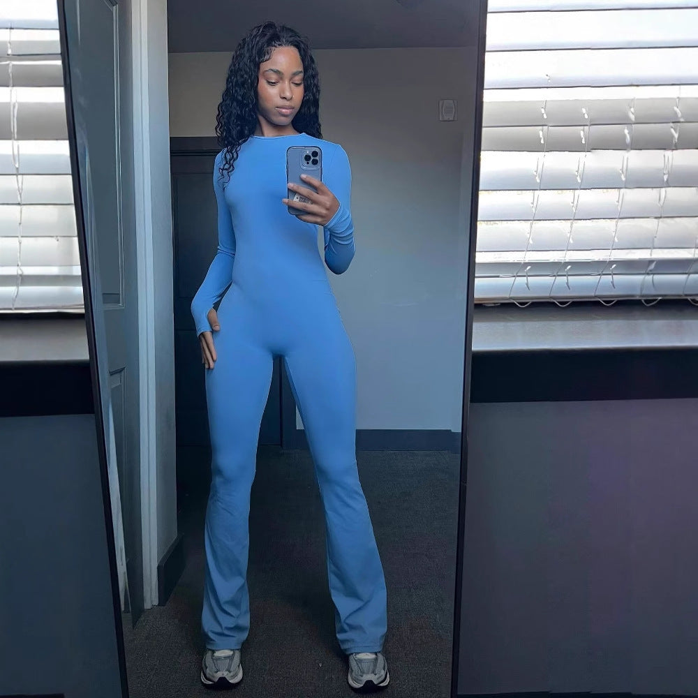 Damen sportlicher Jumpsuit mit langen Ärmeln und fließendem Design R&B